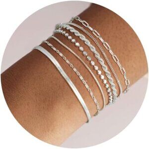 Versatile 7pcs Silver Layered Bracelet Set with Waterproof & Adjustable Design